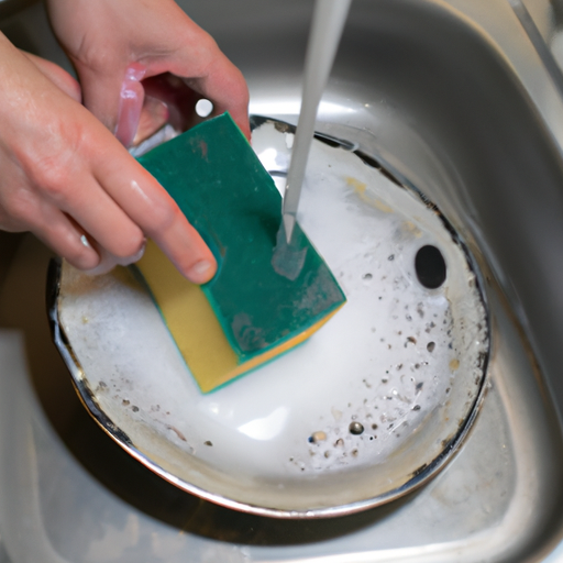 A person cleaning cookware with a sponge and soap